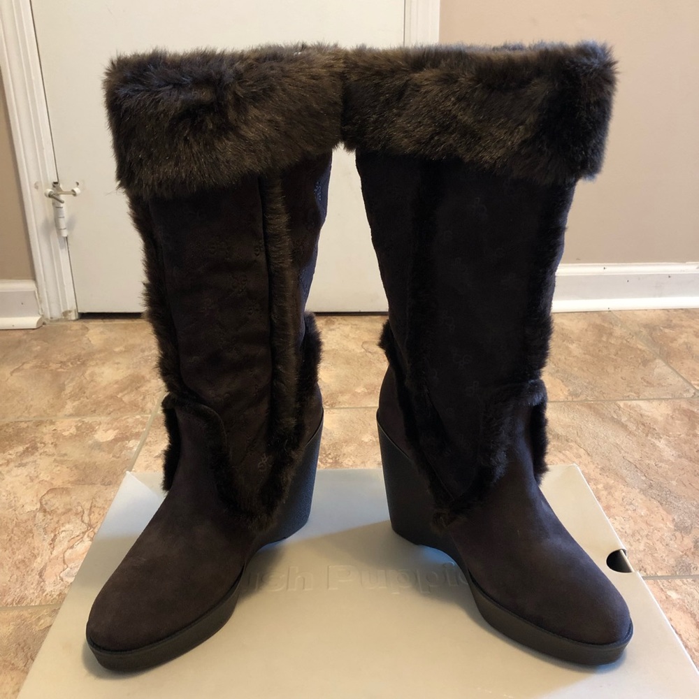 Hush Puppies Knee High Fur Wedge Boots (NWT)